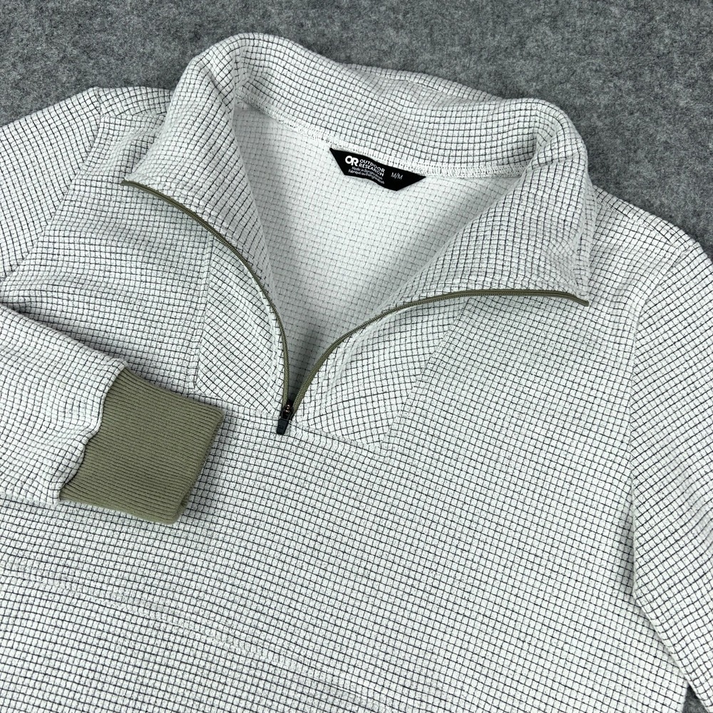 Outdoor Research White Grid Quarter-Zip Pullover with Olive Accents